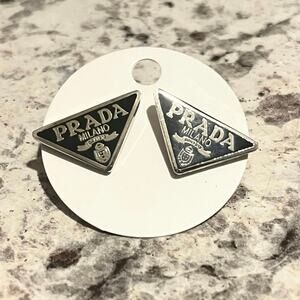 PRADA Triangle Logo Stud Earrings – Pierced, Stamped- Black/Silver
